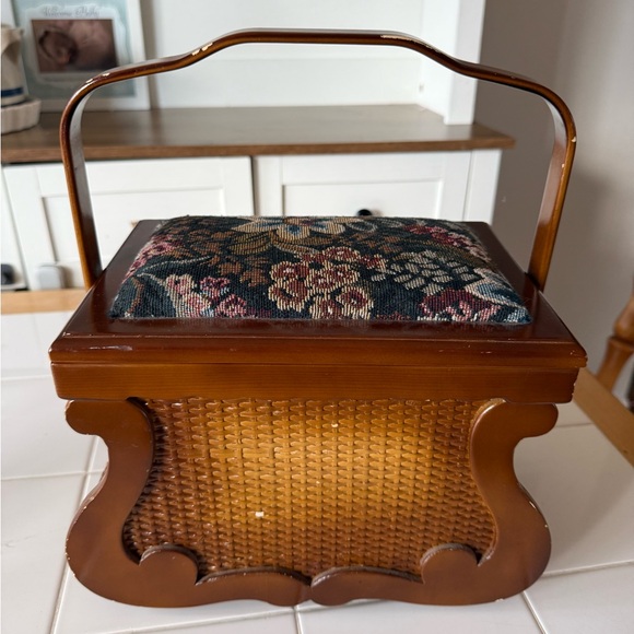Vintage Other - Vintage Sewing Basket Woven Wicker Upholstered Floral Velvet Wooden Elegant